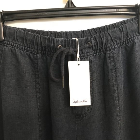 Splendid tie-waist linen-blend wide leg cropped in navy - Picture 1 of 10